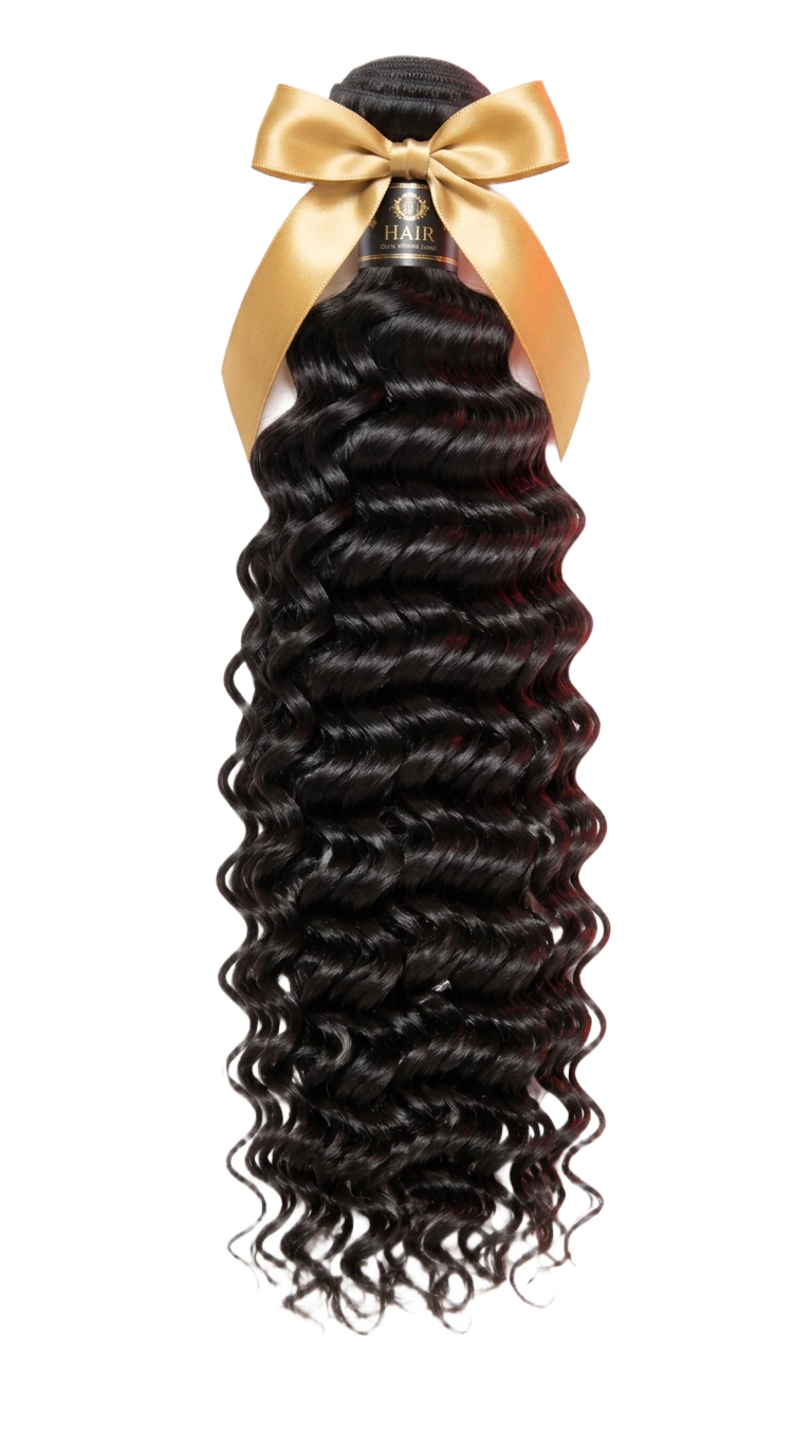 Deep Wave hair bundle weft tied with a gold ribbon, from the Deep Wave Collection
