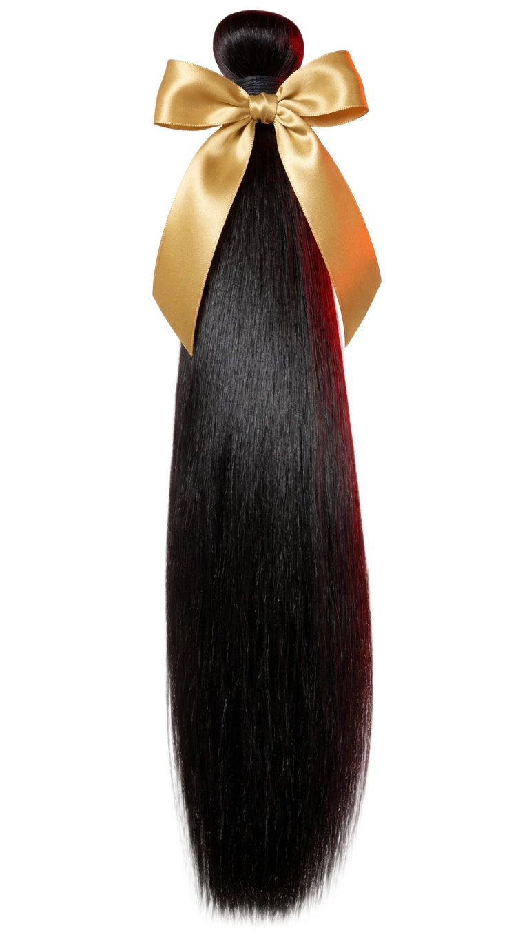 Straight hair bundle weft tied with a gold ribbon, from the Straight Collection
