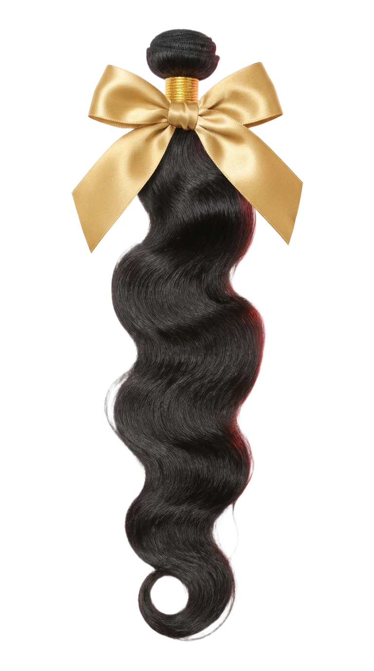 Body Wave hair bundle weft tied with a gold ribbon, from the Body Wave Collection